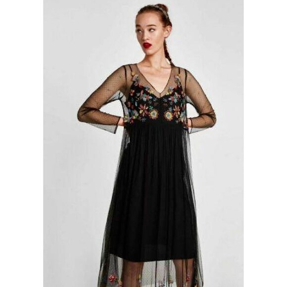 ZARA Dress S Black Floral Beads and Sequins Mesh Sheer Midi Long Sleeve Plumeti - Picture 15 of 15